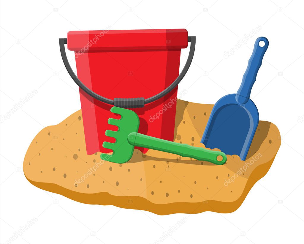 Plastic bucket with rake and shovel isolated on white. Bucket, rake and scoop toys for children sandbox and playground. Vector illustration in flat style