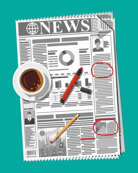 Jornal Com Notas Lembretes Xícara Café Lápis Elementos Negócios Manhã —  Vetores de Stock