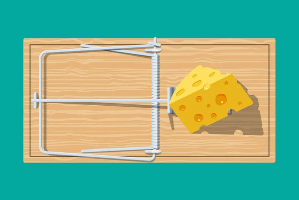 木制老鼠陷阱与乳酪, — 图库矢量图片