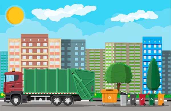 Urbanização urbana com carro de lixo — Vetor de Stock