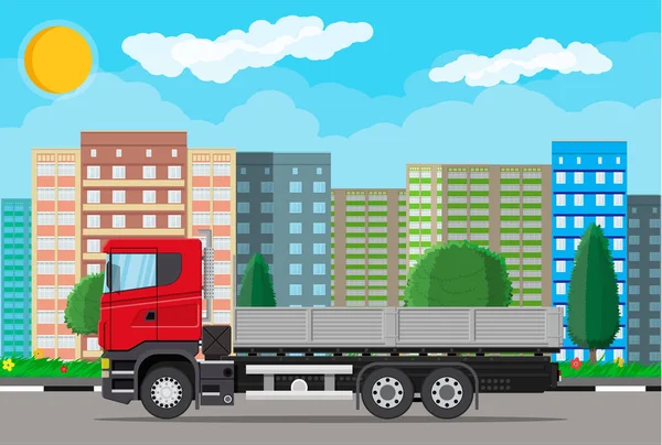 Cargo camion di consegna con piattaforma sulla strada della città . — Vettoriale Stock