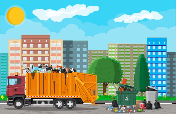 Çöp arabası olan kentsel cityscape