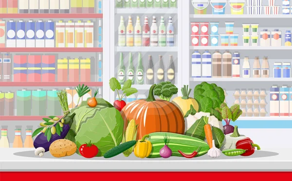 Supermarché intérieur magasin avec légumes — Image vectorielle