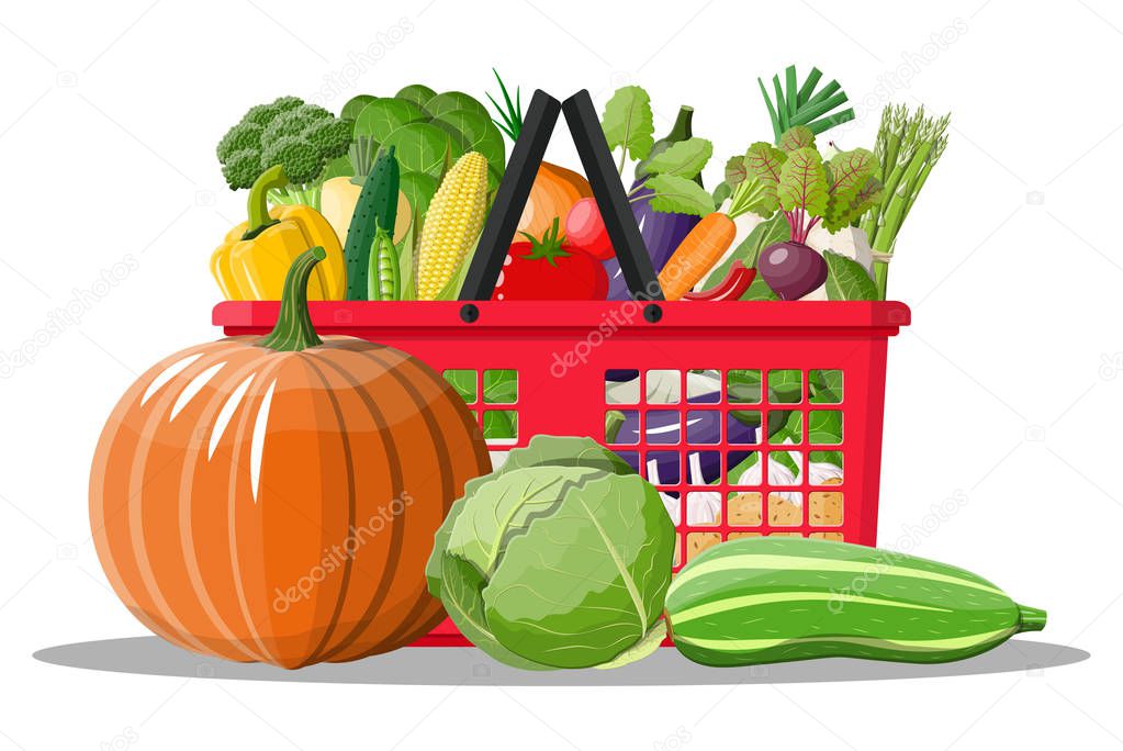 Plastic shopping basket full of vegetables.