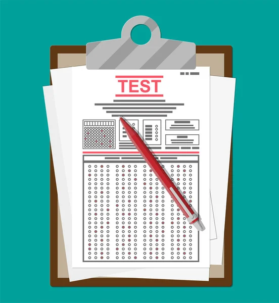 調査や試験のフォームとペンをクリップボード 答えたクイズの論文 教育テストが付いているシートの山 チェックリストやアンケート文書 フラット スタイルのベクトル図 — ストックベクタ