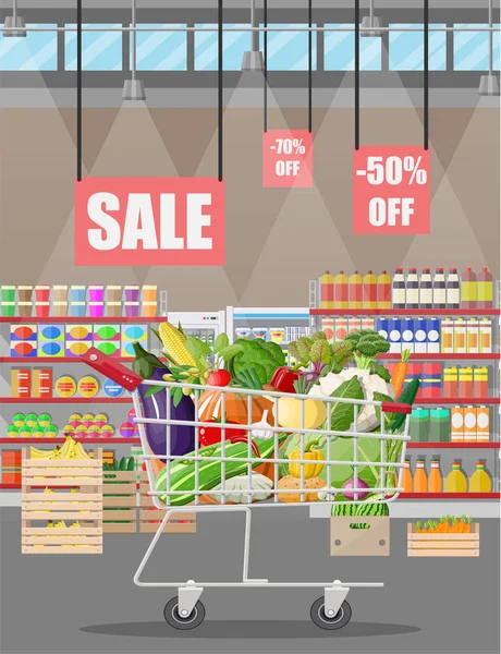Supermarket Store Interior Vegetables Shopping Cart Big Shopping Mall Interior — Stock Vector