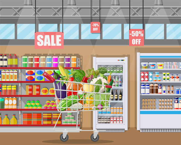 Supermarket store interior with vegetables in shopping cart. Big shopping mall. Interior store inside. Checkout counter, grocery, drinks, food, dairy products. Vector illustration in flat style
