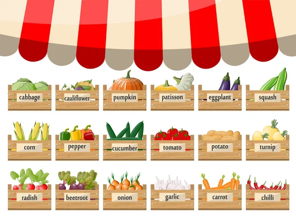 Trä stormarknad lådor med grönsaker. — Stock vektor