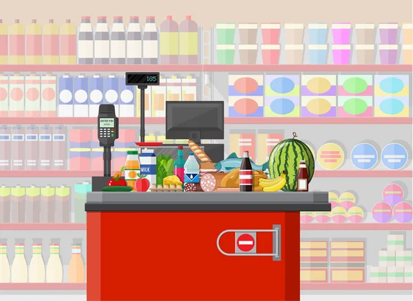 Supermercado tienda interior con mercancías. — Vector de stock