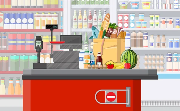 Supermercado tienda interior con mercancías. — Vector de stock