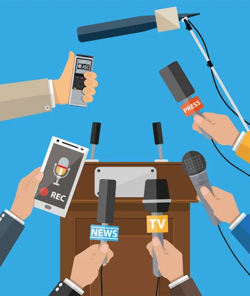 Persconferentie concept, nieuws, media, journalistiek. — Stockvector