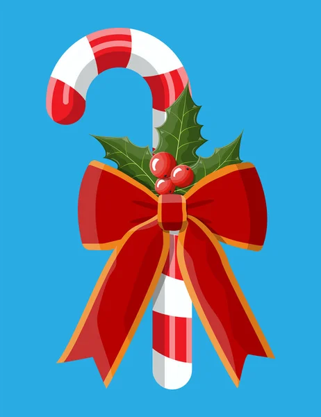 Caña de caramelo de Navidad con bayas de acebo arco rojo — Vector de stock