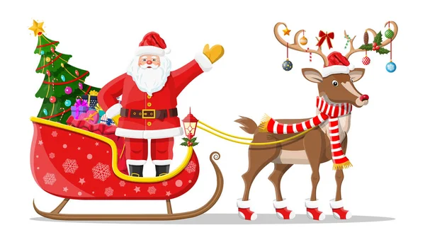 Santa claus on sleigh full of gifts and reindeers — Stock Vector