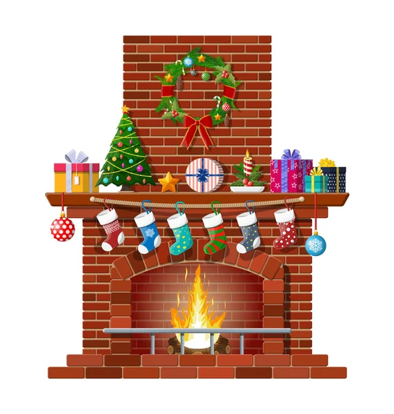 Christmas red brick classic fireplace — Stock Vector