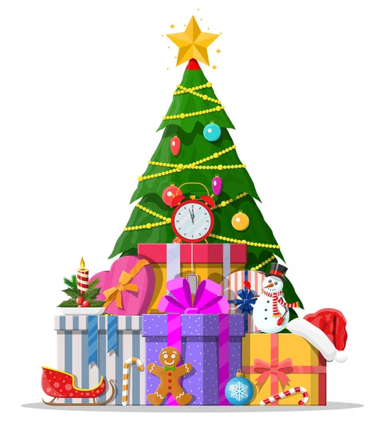 Weihnachtsbaum geschmückt und Geschenkschachteln — Stockvektor