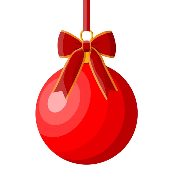 Red christmas ball with red ribbon and bow. — Stock Vector