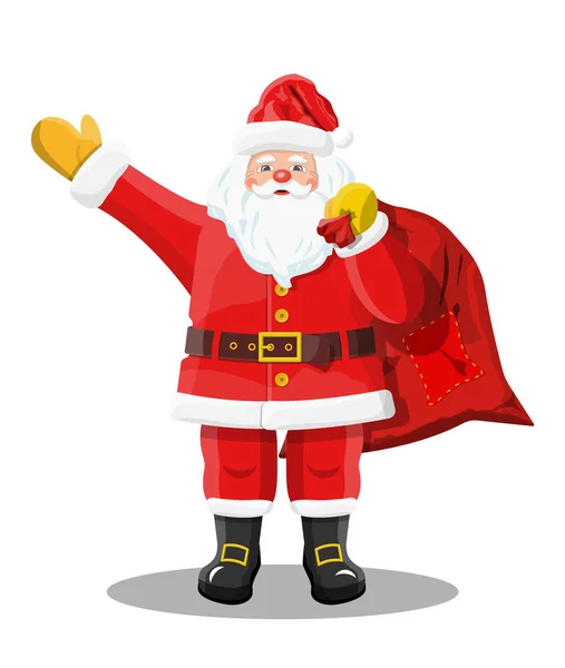 Santa con bolsa de regalo agitando las manos . — Vector de stock