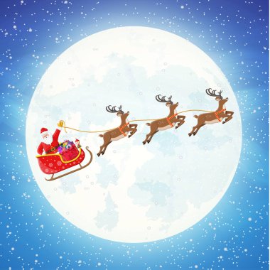 Noel Baba hediye ve reindeers tam atlı kızak üzerinde