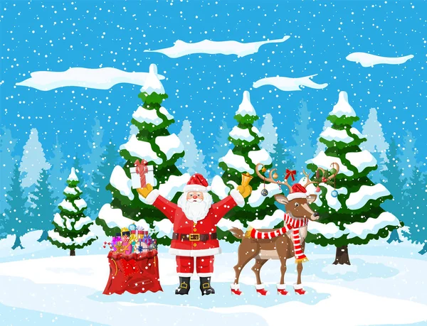 Navidad santa claus paseos reno trineo . — Vector de stock