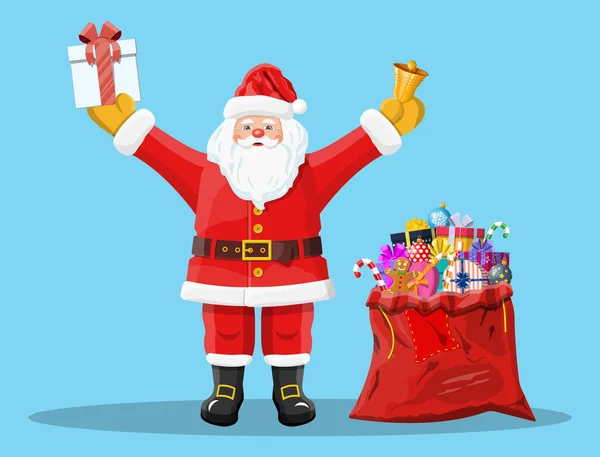Jultomte med röd påse med presenter, gåva lådor — Stock vektor