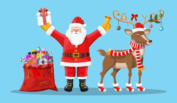 Jultomte med bell, väska gåvor och hans renar — Stock vektor