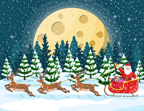 Christmas santa claus rides reindeer sleigh. — Stock Vector