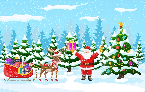 Karácsonyfa Mikulás és rénszarvas szán — Stock Vector