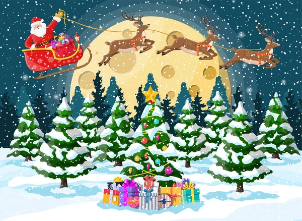 Boże Narodzenie santa claus jeździ renifery sanie. — Wektor stockowy