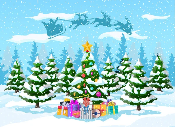 Árvore de Natal Papai Noel com trenó de rena — Vetor de Stock