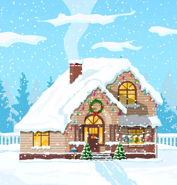 Casa suburbana cubierta de nieve. — Vector de stock