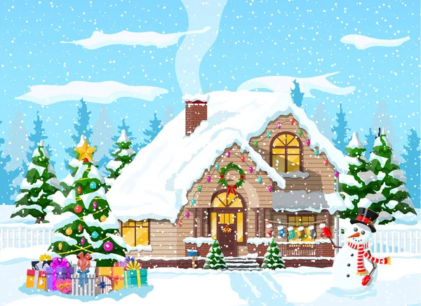 Casa suburbana cubierta de nieve. — Vector de stock