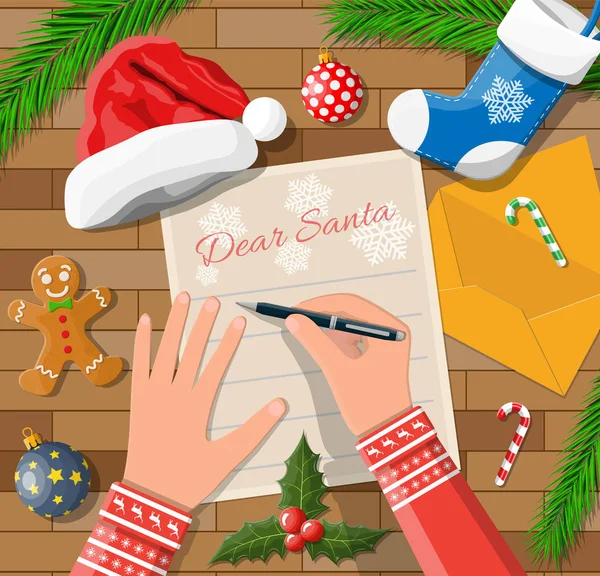 Carta de escritura de la pluma de la mano del niño a santa claus . — Vector de stock