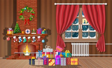 Noel iç pencere, hediyeler ve bir şekilde dekore edilmiş şömine ile odası. Mutlu yeni yıl dekorasyon. Neşeli Noel tatili. Yeni yıl ve xmas kutlama. Vektör çizim düz stil