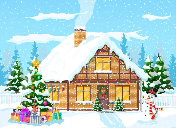 Casa suburbana coperta di neve. — Vettoriale Stock