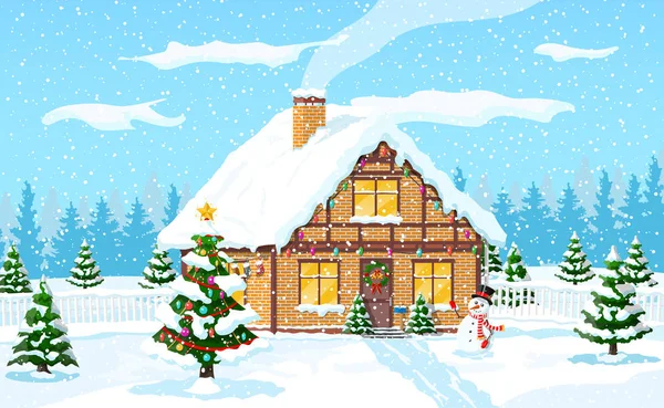 Casa suburbana cubierta de nieve. — Vector de stock