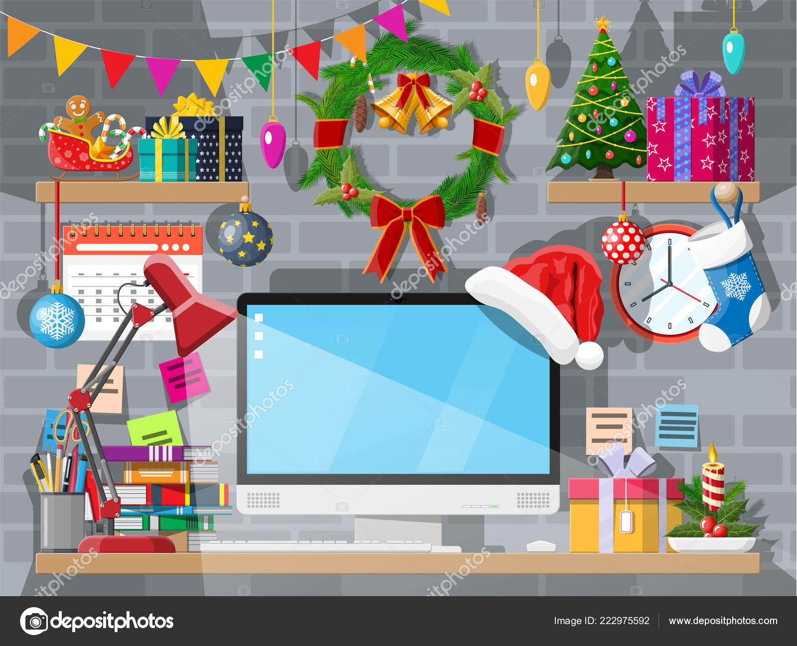 Christmas New Year Office Desk Workspace Interior Stock Vector