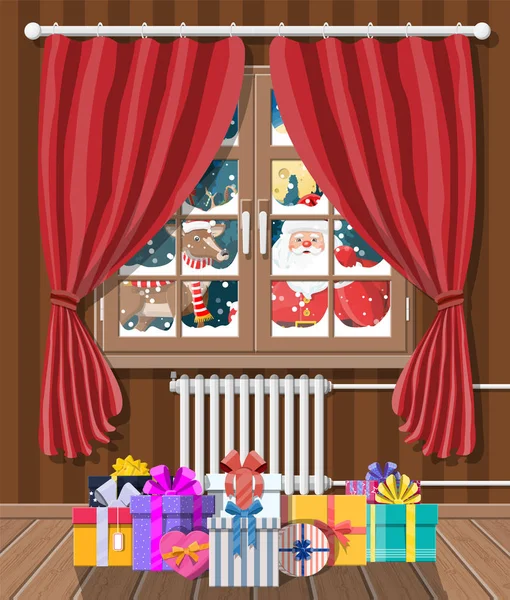Santa claus a jeho sobi vypadá v místnosti okno. — Stockový vektor