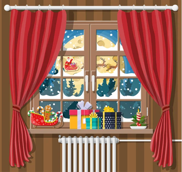 Santa Claus y sus renos miran en la ventana de la habitación . — Vector de stock