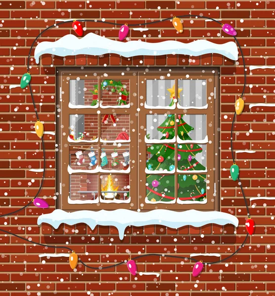 BoĹźe Narodzenie oknie w mur z cegły. — Wektor stockowy