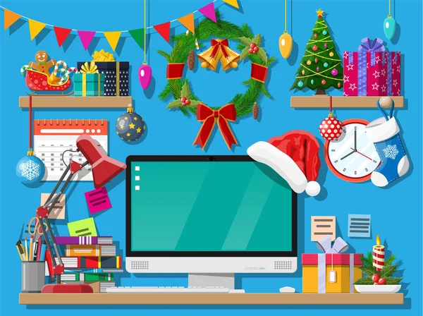 Weihnachten Neujahr Büro Schreibtisch Arbeitsbereich Interieur — Stockvektor