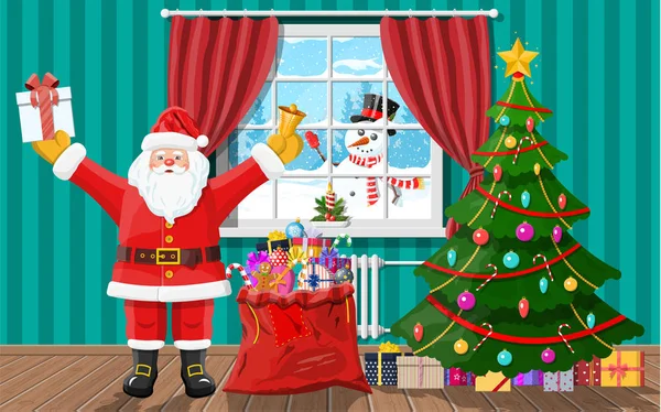 Santa in kamer met kerstboom en geschenken. — Stockvector