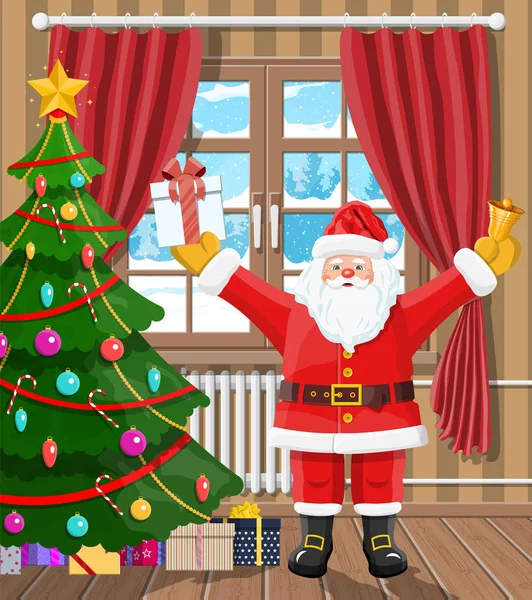 Santa in kamer met kerstboom en geschenken. — Stockvector