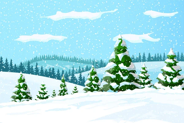Kar beyaz çam ağaçları ile kış manzarası — Stok Vektör