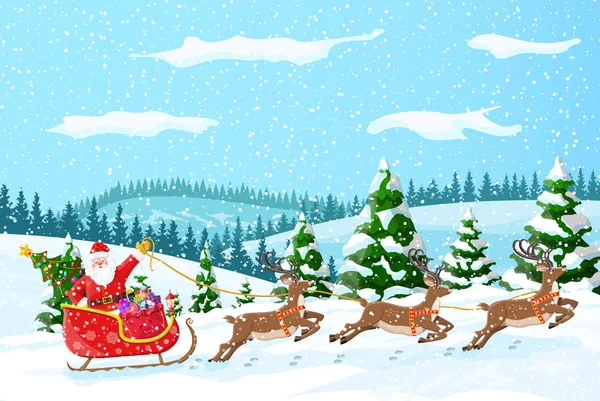 Natal Papai Noel monta trenó de rena . — Vetor de Stock