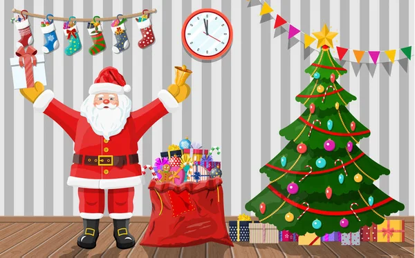 Santa no quarto com árvore de natal e presentes . — Vetor de Stock