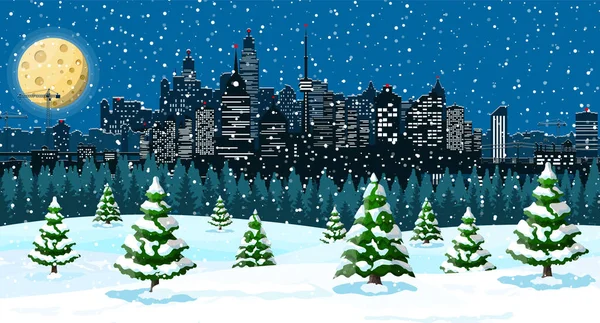 Різдвяний зимовий міський пейзаж, сніжинки та дерева — стоковий вектор