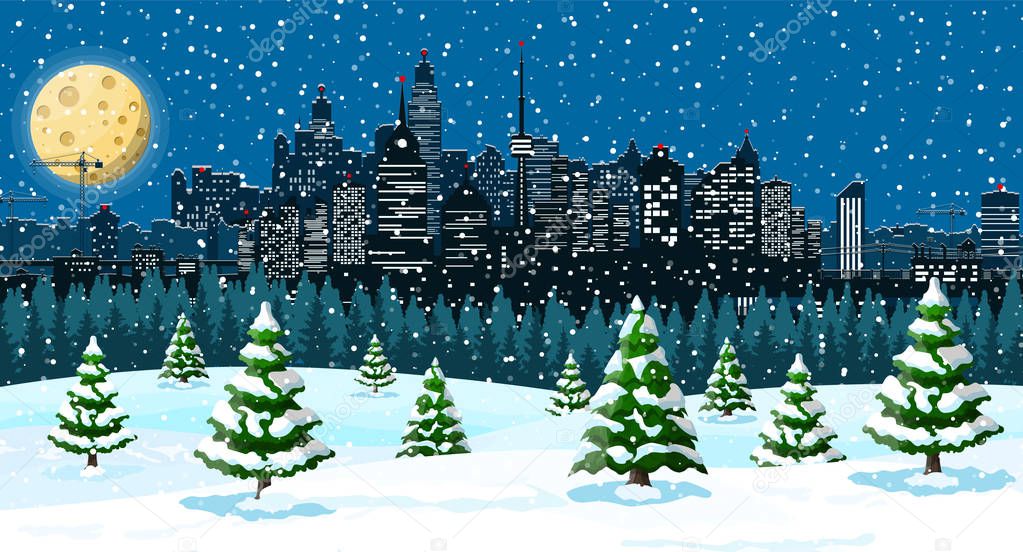 Christmas winter cityscape, snowflakes and trees