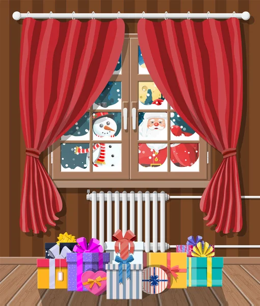 Santa a sněhulák vypadá v okně obývacího pokoje. — Stockový vektor