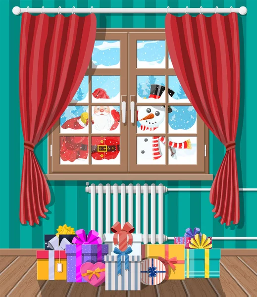 Santa a sněhulák vypadá v okně obývacího pokoje. — Stockový vektor