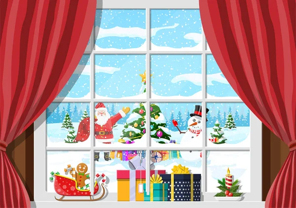 Santa y muñeco de nieve mira en la ventana del salón — Vector de stock